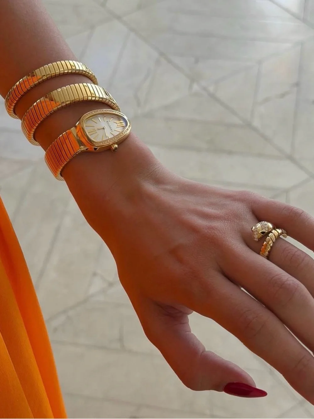 Serpenti Style Gold Snake Crystal Wrap Bracelet Watch